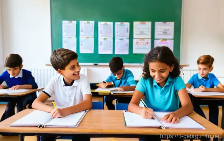 조지아 국제학교와 교육 환경 - **Prompt:** A vibrant and modern international school classroom in Tbilisi, Georgia, filled with div...