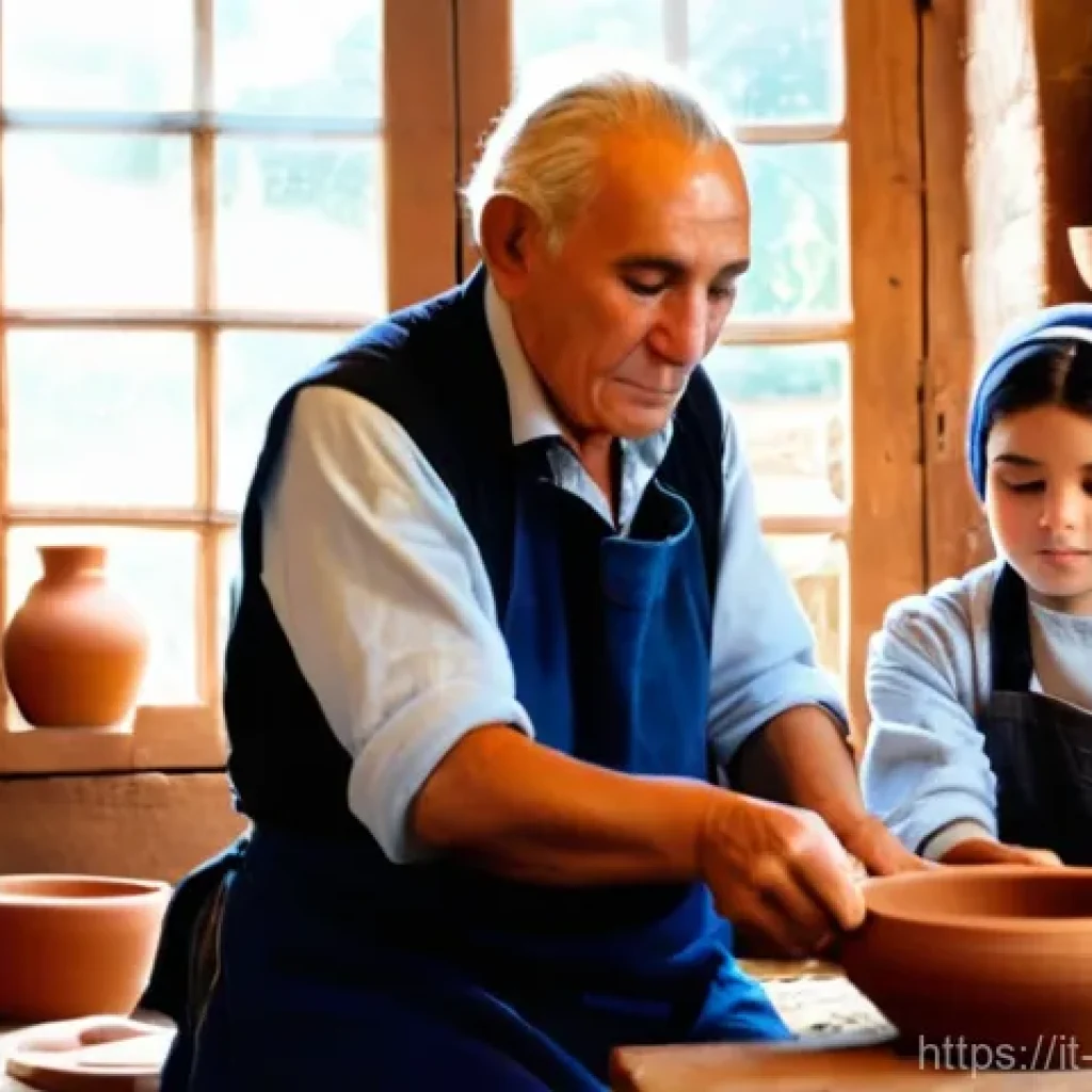 조지아의 공예 체험 워크숍 - **Prompt 1: Georgian Pottery Workshop - Master and Apprentice**
    A warm, inviting scene inside a ...