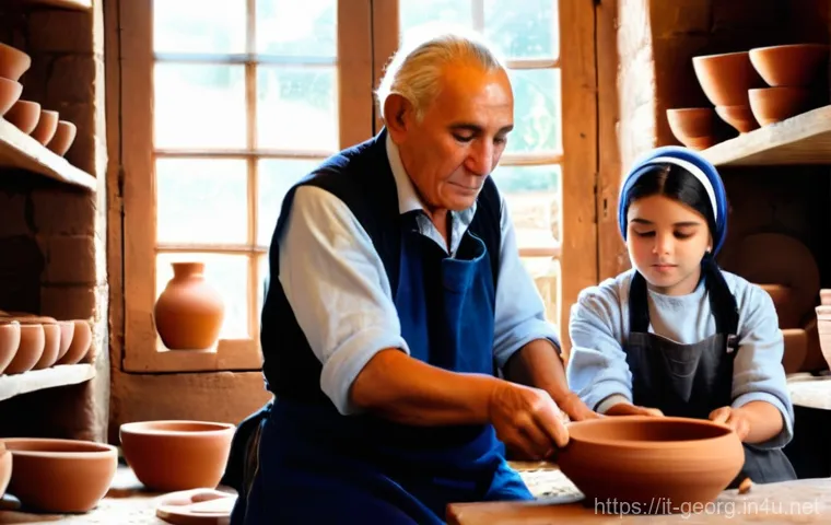 조지아의 공예 체험 워크숍 - **Prompt 1: Georgian Pottery Workshop - Master and Apprentice**
    A warm, inviting scene inside a ...