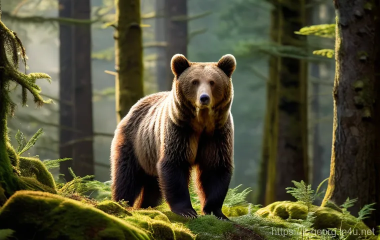 조지아의 사파리 투어 추천 - **Prompt 1: Caucasian Brown Bear in Ancient Forest**
    "A majestic Caucasian brown bear is partial...