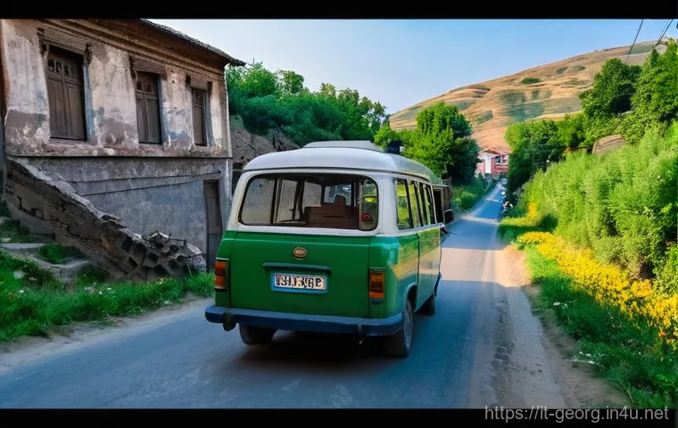 조지아 관광 세부 예산 짜기 - **"Authentic Georgian Marshrutka Journey"**
    A candid, vibrant interior shot of a Georgian *marsh...