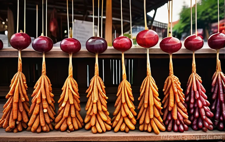 조지아에서 유명한 디저트 레시피 - **Churchkhela in a Market Setting**
    A vibrant, sun-drenched image of numerous Churchkhela string...