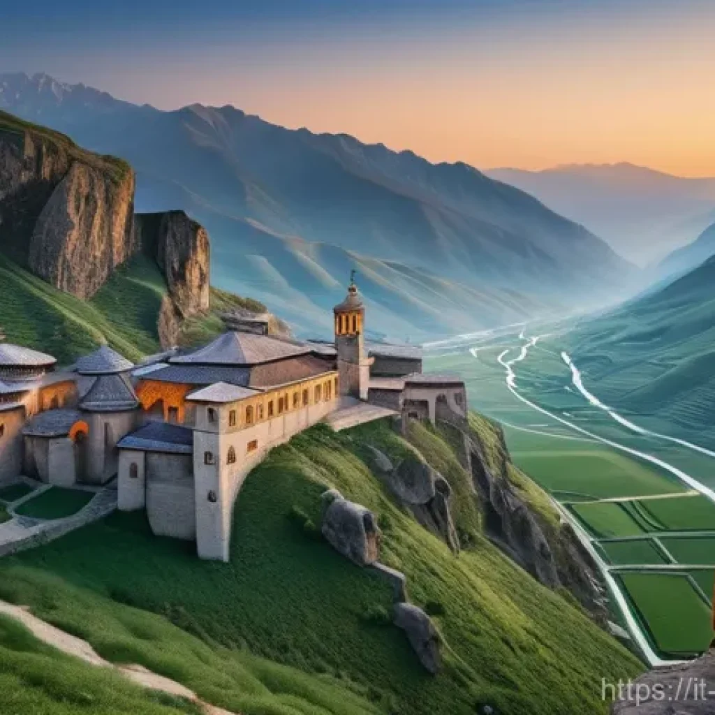 조지아의 지리적 중요성 - **Prompt:** "A panoramic view of an ancient Georgian Orthodox monastery, reminiscent of Vardzia or G...