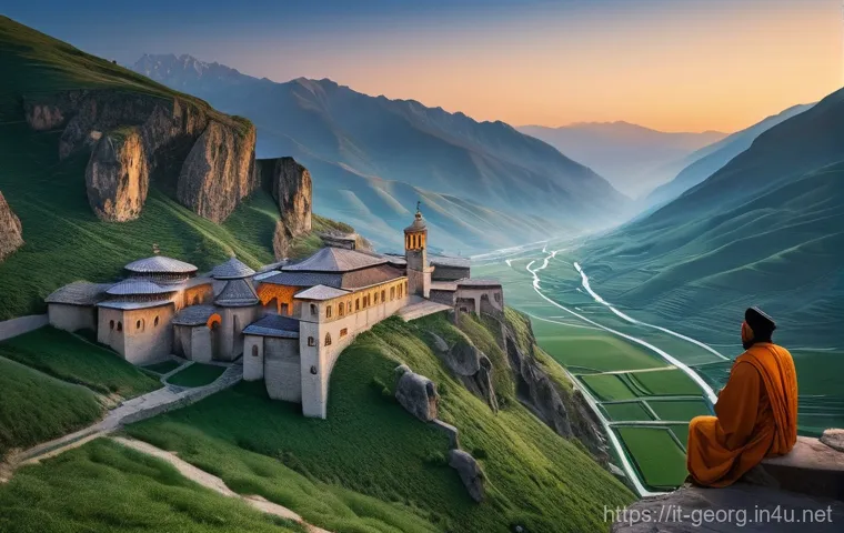 조지아의 지리적 중요성 - **Prompt:** "A panoramic view of an ancient Georgian Orthodox monastery, reminiscent of Vardzia or G...