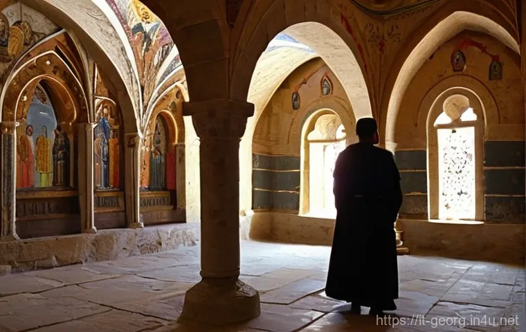조지아 주요 역사의 변천사 - **Prompt:** "A panoramic shot of an ancient Georgian vineyard at sunset. In the foreground, an elder...