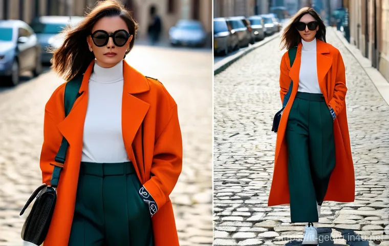 조지아 패션 산업 - **Prompt:** A stylish young woman with a rebellious spirit walks confidently down a historic, cobble...