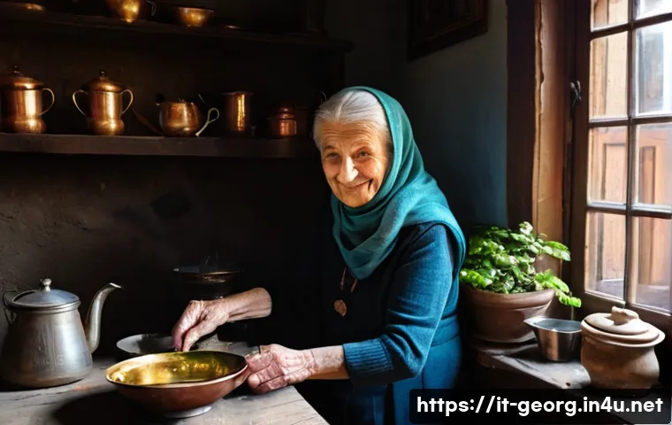 조지아 커피 문화 - **Prompt:** A cozy, warm scene inside a traditional Georgian home, possibly with a visible courtyard...