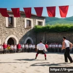 조지아 스포츠와 올림픽 - A dynamic scene of a traditional Georgian wrestling competition taking place outdoors in a lively vi...