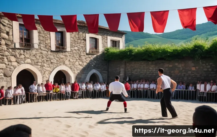 조지아 스포츠와 올림픽 - A dynamic scene of a traditional Georgian wrestling competition taking place outdoors in a lively vi...