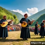 조지아의 전통 악기 - A detailed scene of a traditional Georgian festival outdoors in a mountainous village setting during...