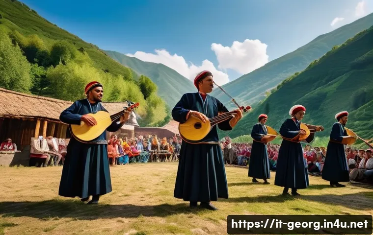 조지아의 전통 악기 - A detailed scene of a traditional Georgian festival outdoors in a mountainous village setting during...