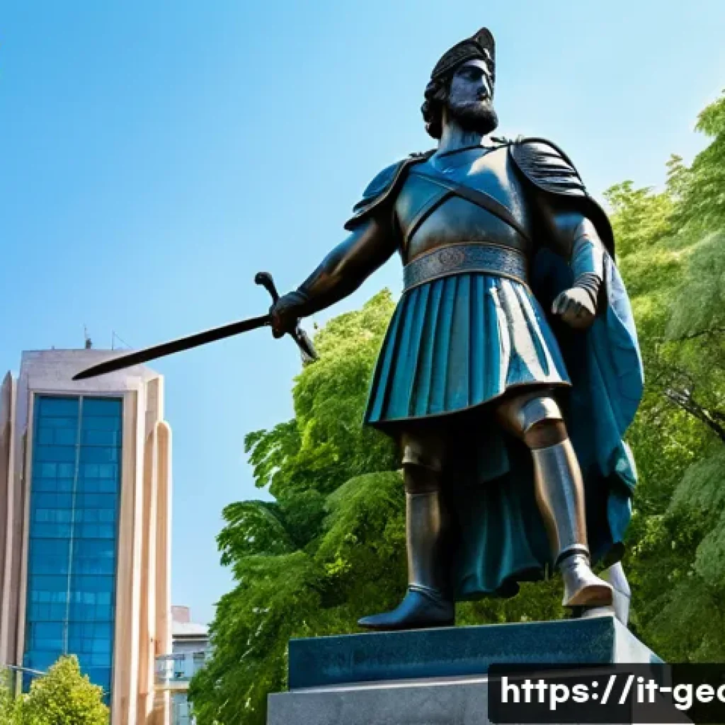 조지아의 기념비적 조각품 - A monumental bronze statue of a Georgian mythological hero standing proudly in a bustling urban squa...