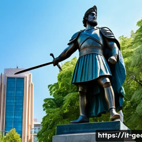 조지아의 기념비적 조각품 - A monumental bronze statue of a Georgian mythological hero standing proudly in a bustling urban squa...