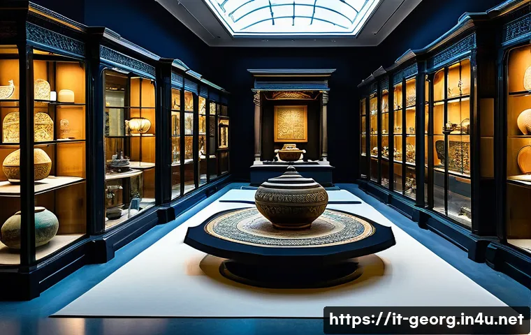 조지아 국립박물관 탐방 - A richly detailed museum exhibit showcasing ancient Georgian archaeology, featuring bronze age ceram...