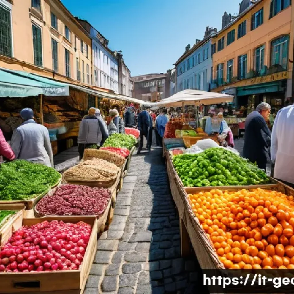 조지아 음식 시장 탐방 - A bustling Georgian market scene with colorful stalls overflowing with fresh local produce such as v...