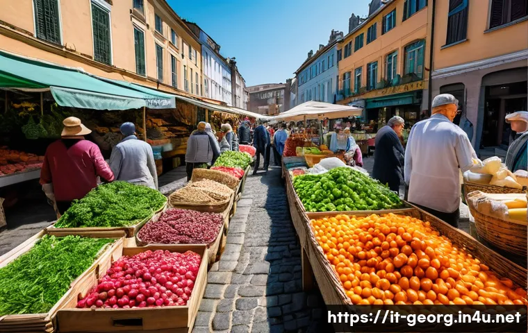 조지아 음식 시장 탐방 - A bustling Georgian market scene with colorful stalls overflowing with fresh local produce such as v...