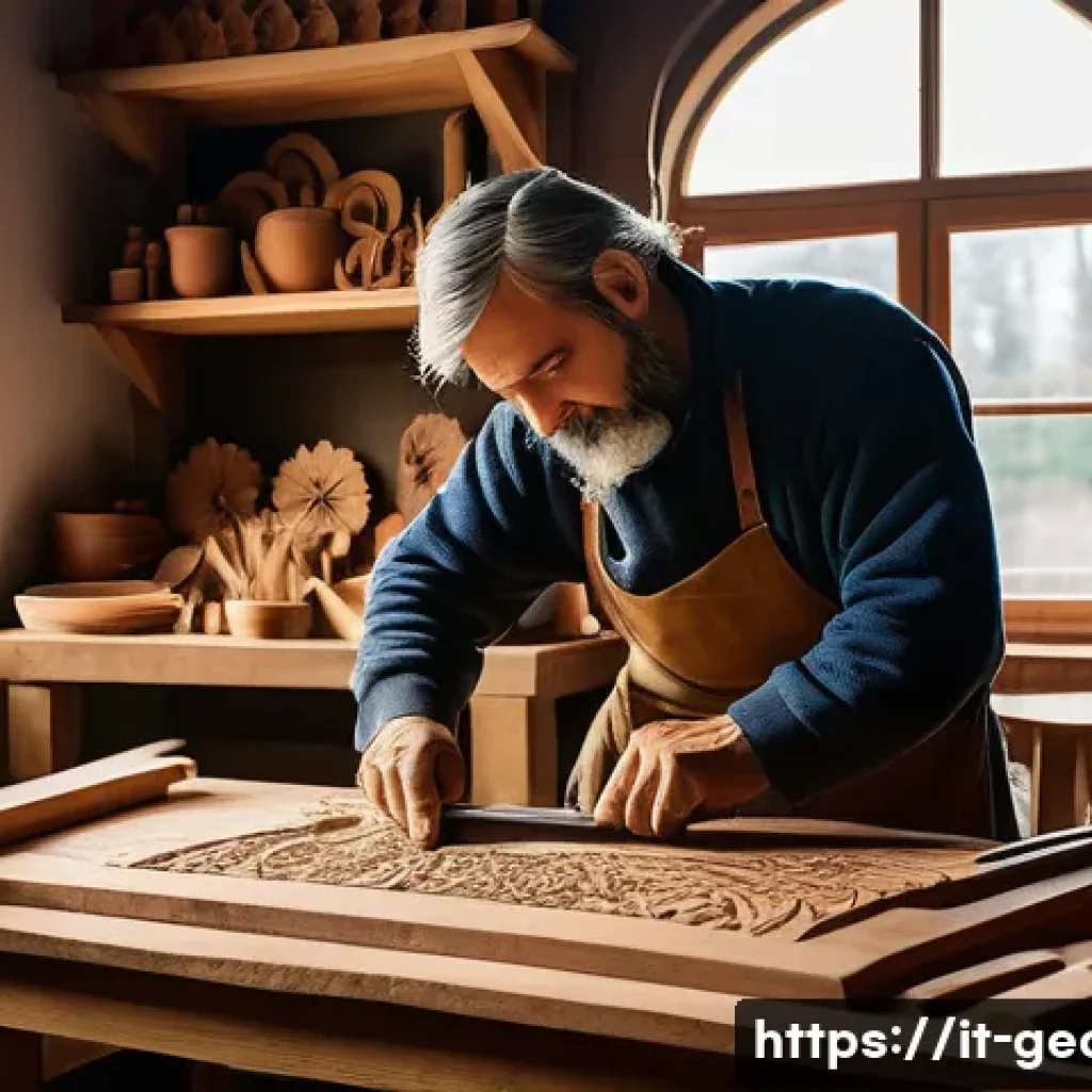 조지아 전통 목공예품 - A traditional Georgian wood artisan workshop scene, showing skilled craftsmen using hand tools like ...