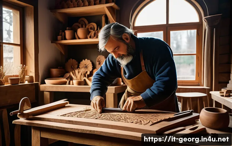조지아 전통 목공예품 - A traditional Georgian wood artisan workshop scene, showing skilled craftsmen using hand tools like ...