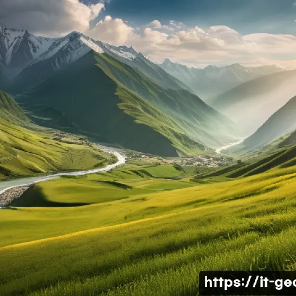 조지아에서 촬영된 유명 영화 - A breathtaking cinematic landscape of the Caucasus Mountains in Georgia during golden hour, featurin...