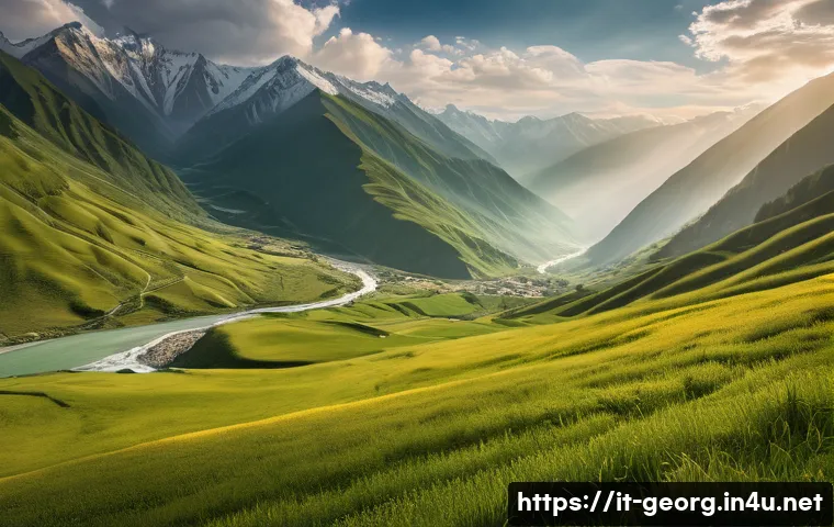 조지아에서 촬영된 유명 영화 - A breathtaking cinematic landscape of the Caucasus Mountains in Georgia during golden hour, featurin...