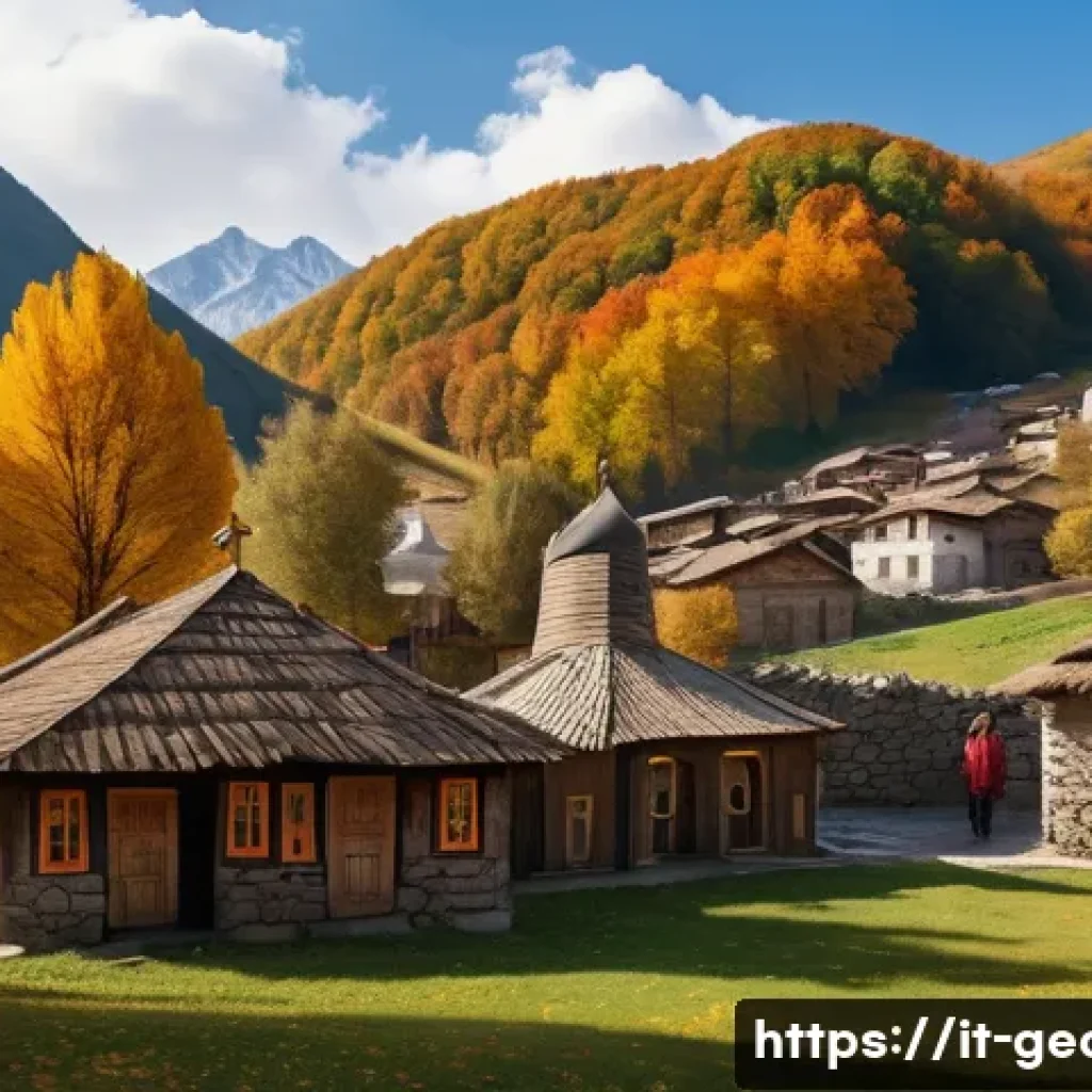 조지아와 러시아의 현대적 관계 - A detailed scene showing a traditional Georgian village nestled in the Caucasus mountains during aut...