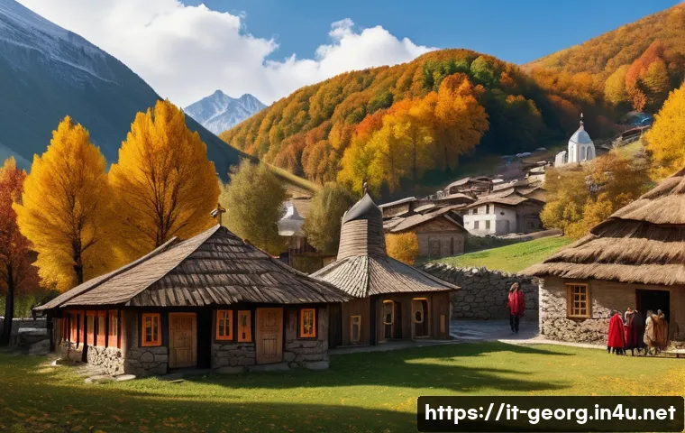 조지아와 러시아의 현대적 관계 - A detailed scene showing a traditional Georgian village nestled in the Caucasus mountains during aut...