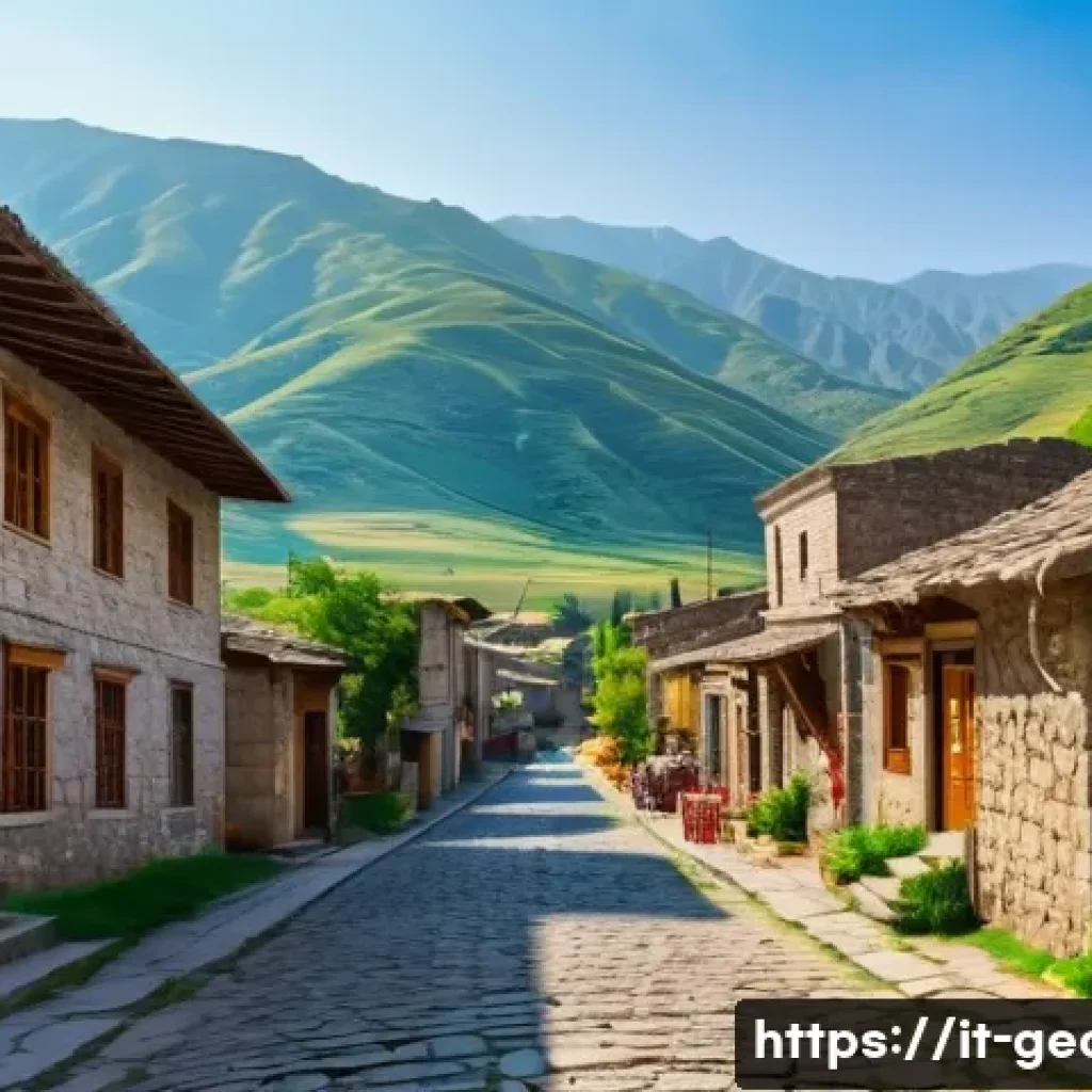 조지아 아르메니아 국경 여행 - A charming traditional village scene along the Georgia-Armenia border at golden hour, featuring rust...