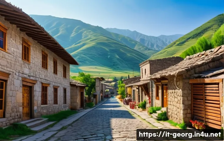 조지아 아르메니아 국경 여행 - A charming traditional village scene along the Georgia-Armenia border at golden hour, featuring rust...