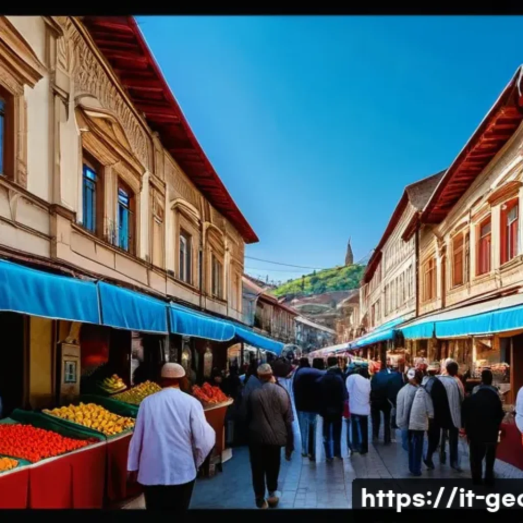 조지아어 기본 문장 - A lively street scene in Tbilisi, Georgia, showcasing a friendly local market with colorful stalls s...