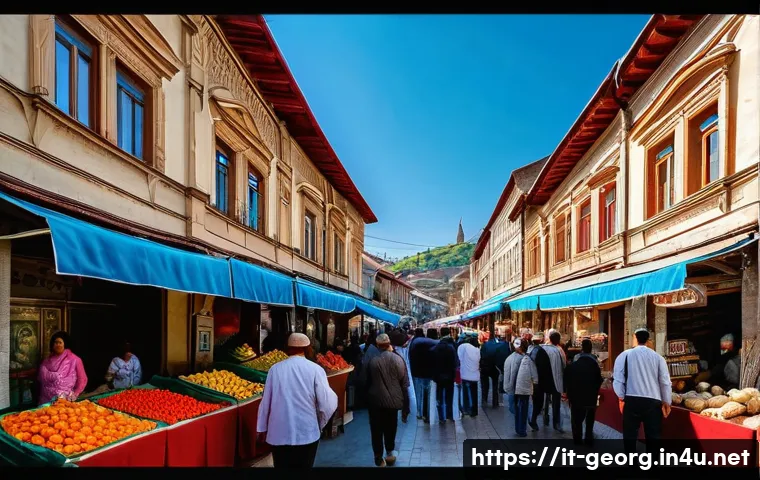 조지아어 기본 문장 - A lively street scene in Tbilisi, Georgia, showcasing a friendly local market with colorful stalls s...
