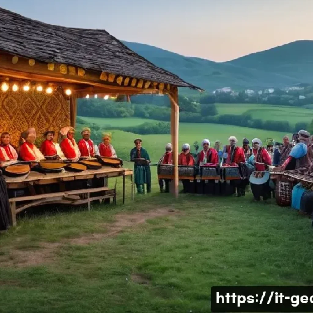 조지아 민속 음악 축제 - A vibrant outdoor Georgian folk music festival scene at dusk, featuring a diverse group of musicians...