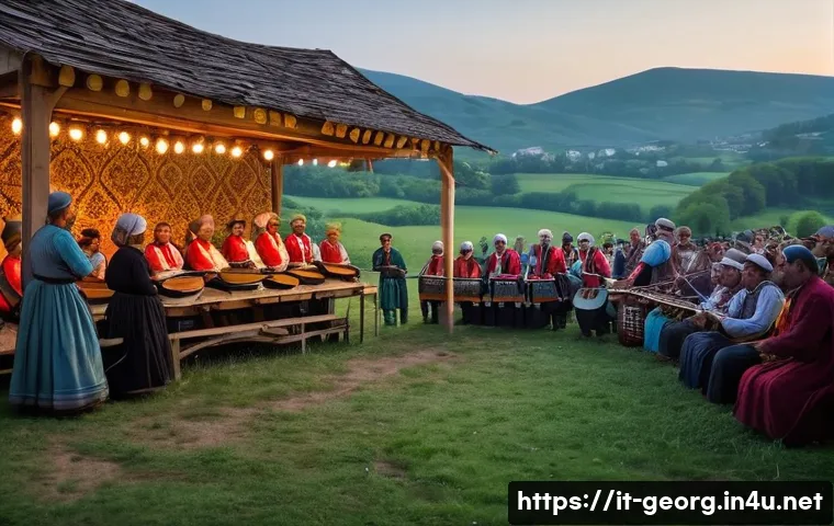 조지아 민속 음악 축제 - A vibrant outdoor Georgian folk music festival scene at dusk, featuring a diverse group of musicians...