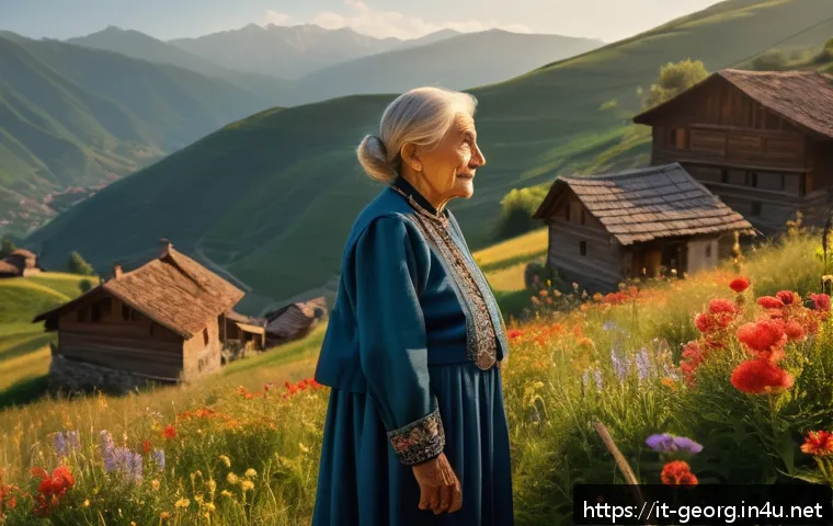 조지아 인기 드라마와 영화 - A cinematic scene set in a traditional Georgian mountain village during golden hour, featuring an el...