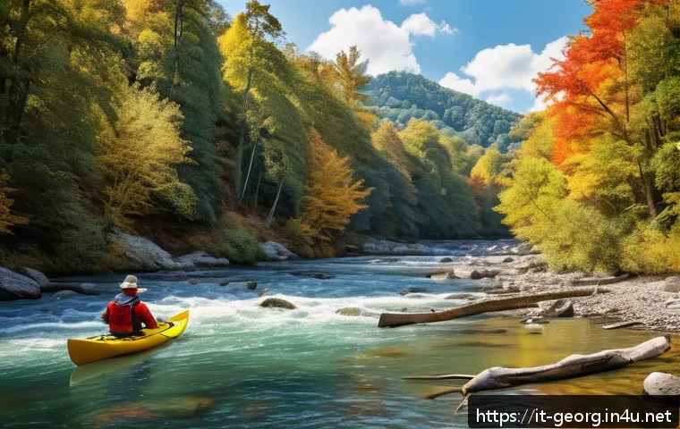 조지아의 유명 강과 호수 - A serene, untouched riverside scene in Georgia&rsquo;s Rioni Valley during early autumn, featuring crystal...