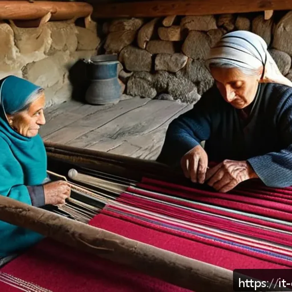 조지아 전통 카펫 제작 과정 - A traditional Georgian carpet weaving scene inside a rustic mountain village home, featuring elderly...