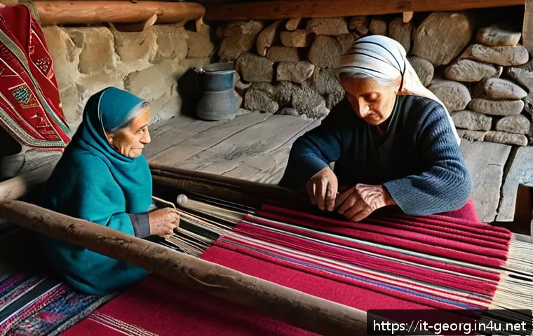 조지아 전통 카펫 제작 과정 - A traditional Georgian carpet weaving scene inside a rustic mountain village home, featuring elderly...
