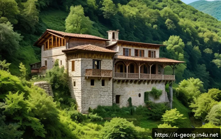 조지아의 전통 주택 구조 - A traditional Georgian stone house nestled on a hillside surrounded by lush Caucasus forests and flo...