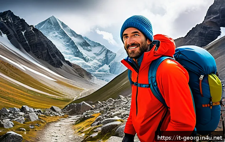 카즈베기 산 등산 가이드 - A detailed scene of a seasoned hiker preparing for a trek on Mount Kazbek in the Caucasus Mountains,...