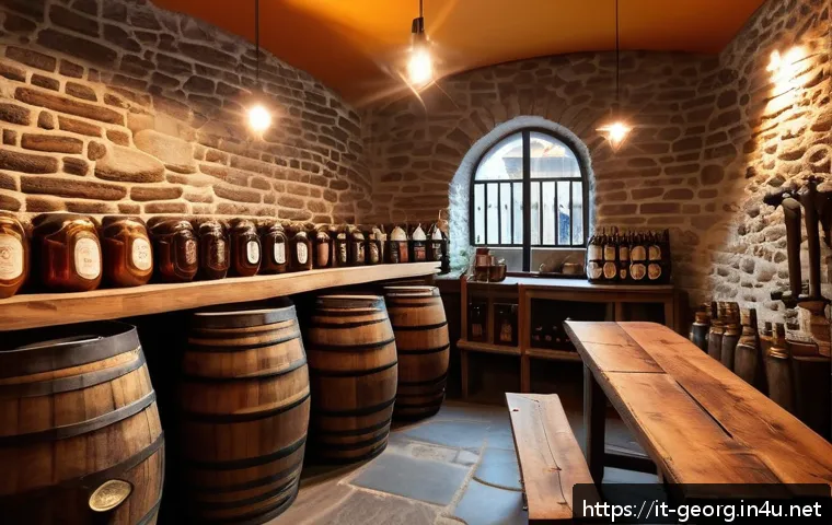 조지아 수제 맥주 투어 - A cozy Georgian craft brewery interior in Tbilisi&rsquo;s Vera district, featuring rustic wooden barrels a...