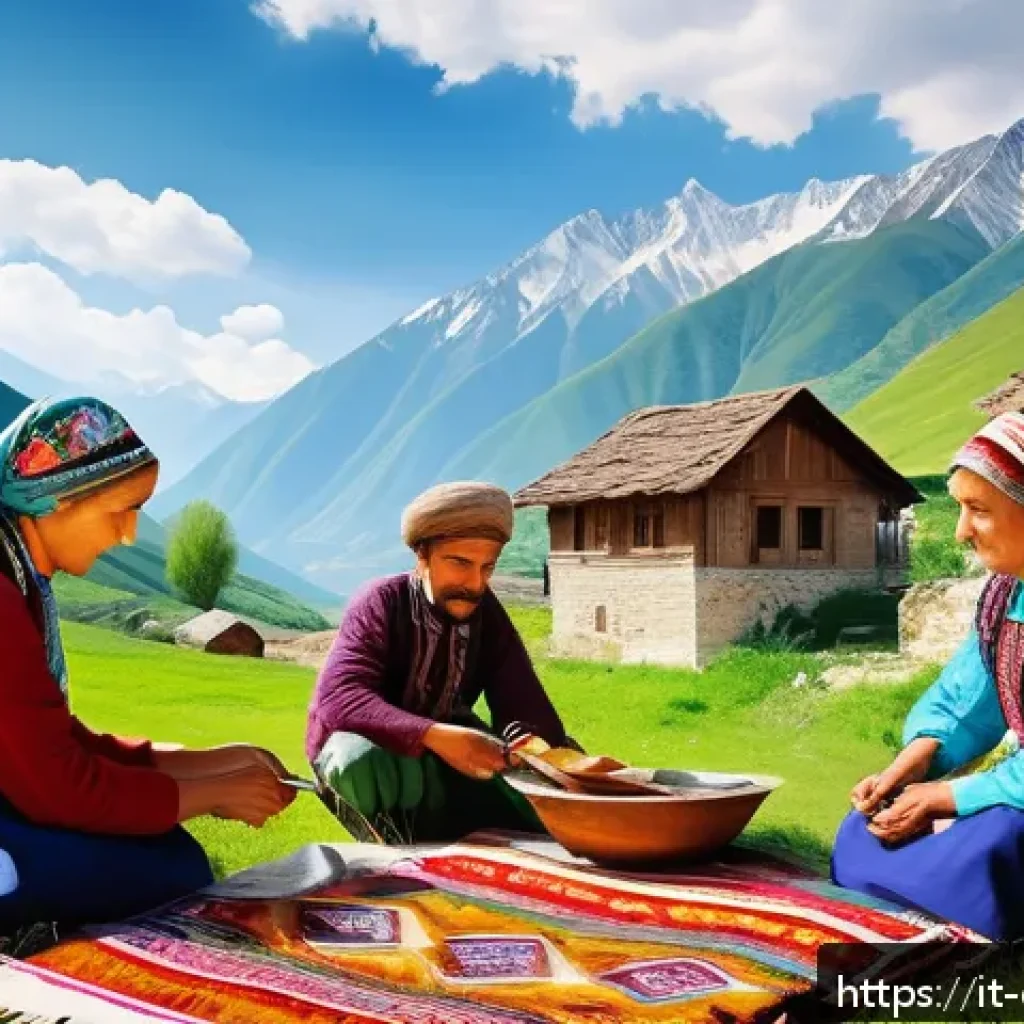 조지아와 주변국 역사적 충돌 - A vibrant Caucasian mountain village scene depicting a diverse ethnic tapestry: Abkhaz, Ossetian, an...