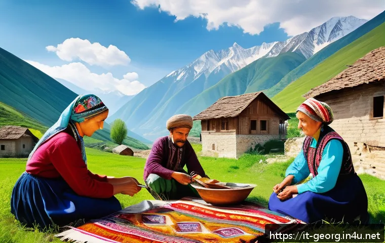 조지아와 주변국 역사적 충돌 - A vibrant Caucasian mountain village scene depicting a diverse ethnic tapestry: Abkhaz, Ossetian, an...