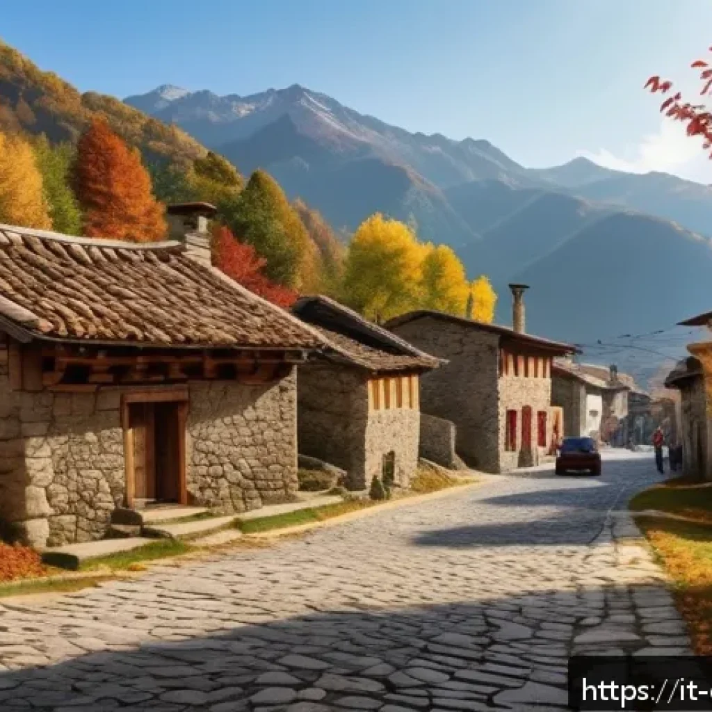 조지아 마을 투어 추천 - A serene mountain village scene in Georgia during autumn, featuring traditional stone houses with wo...
