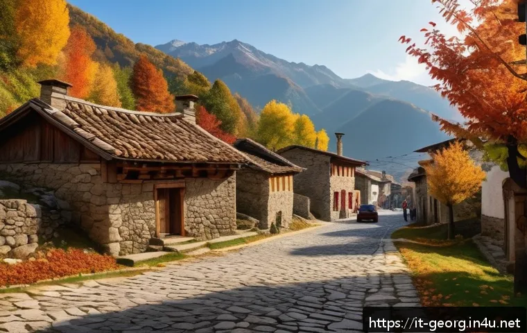 조지아 마을 투어 추천 - A serene mountain village scene in Georgia during autumn, featuring traditional stone houses with wo...