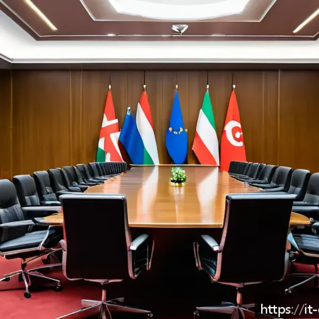 조지아 러시아 관계 - A detailed diplomatic meeting scene set in a modern, neutral conference room in Brussels, featuring ...
