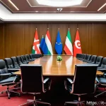 Home 21 조지아 러시아 관계 - A detailed diplomatic meeting scene set in a modern, neutral conference room in Brussels, featuring ...