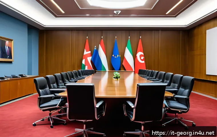 조지아 러시아 관계 - A detailed diplomatic meeting scene set in a modern, neutral conference room in Brussels, featuring ...