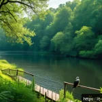Home 20 조지아의 조류 관찰 지역 - A vibrant scene of a lush forest in Georgia during spring, featuring a calm river winding through de...
