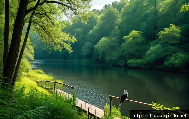 조지아의 조류 관찰 지역 - A vibrant scene of a lush forest in Georgia during spring, featuring a calm river winding through de...