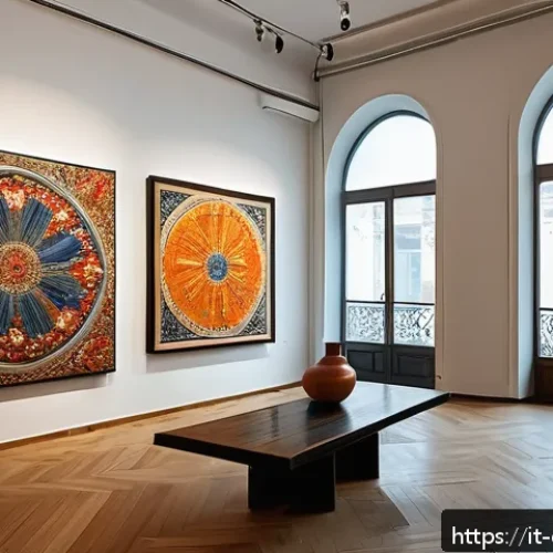 Home 31 조지아의 예술가 커뮤니티 - A vibrant contemporary art gallery interior in Tbilisi showcasing a fusion of traditional Georgian m...