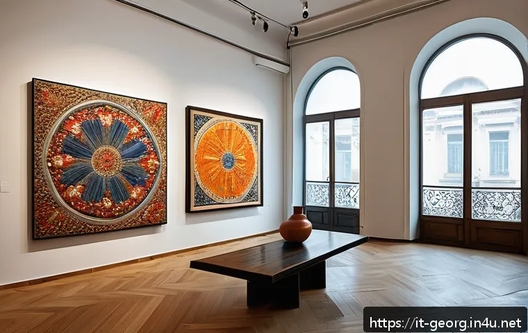 조지아의 예술가 커뮤니티 - A vibrant contemporary art gallery interior in Tbilisi showcasing a fusion of traditional Georgian m...